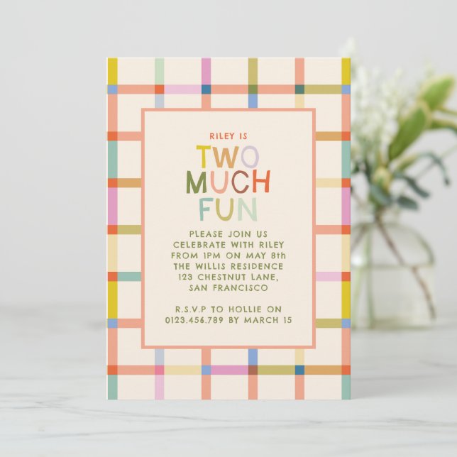 Pastel Plaid "Two Much Fun" 2nd Birthday photo Invitation (Standing Front)