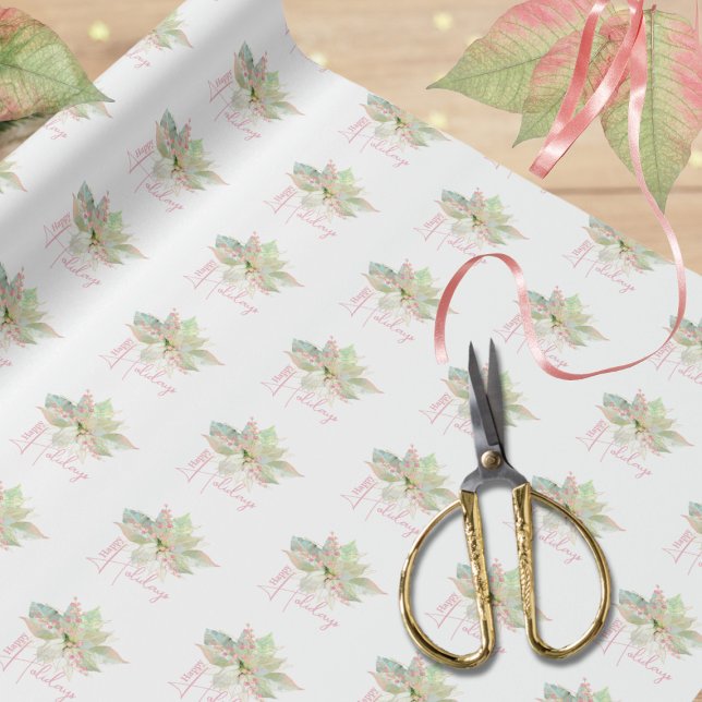 Pastel Poinsettia Happy Holidays Pink Gold Sage Wrapping Paper (Creator Uploaded)