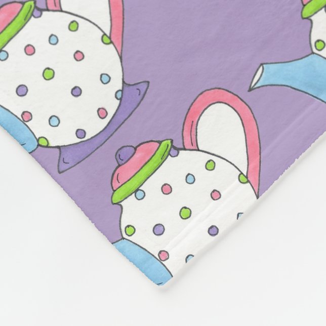 Pastel Polka Dot Pink Blue Purple Teapot Tea Party Fleece Blanket (Corner)
