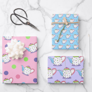 Pastel Polka Dot Teapot Afternoon Tea Party Pot Wrapping Paper Sheet