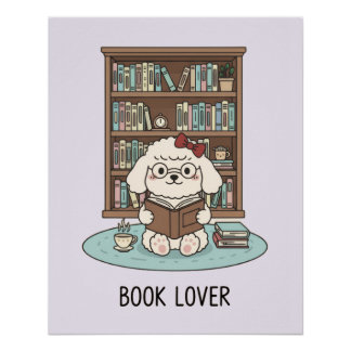 Pastel Poodle Puppy Dog with Books Glossy Poster