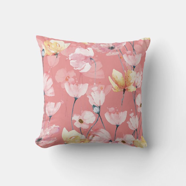 Pastel Poppies: Watercolor Floral Seamless. Throw Pillow (Front)