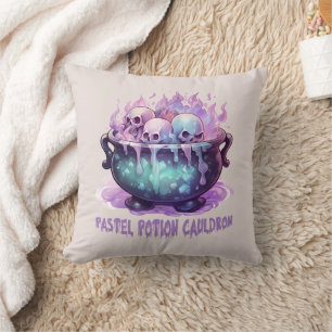 Pastel Potion Cauldron with Purple Skull Throw Pillow