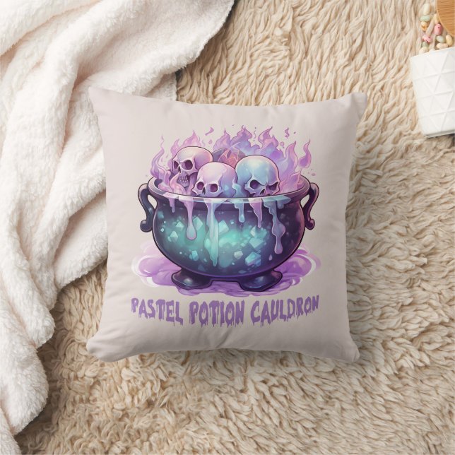 Pastel Potion Cauldron with Purple Skull Throw Pillow (Blanket)
