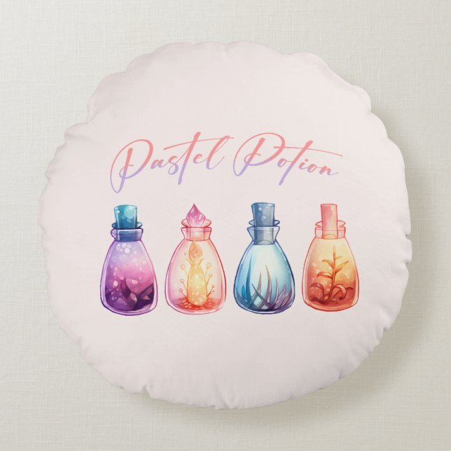 Pastel Potion – Cute and Elegant Witch Potion Round Pillow (Front)