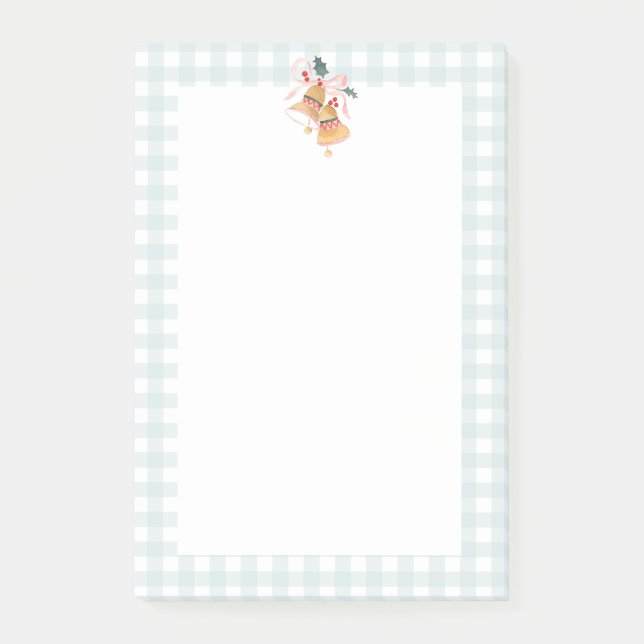 Pastel Powder Blue Plaid Check Christmas Bells Post-it Notes (Front)