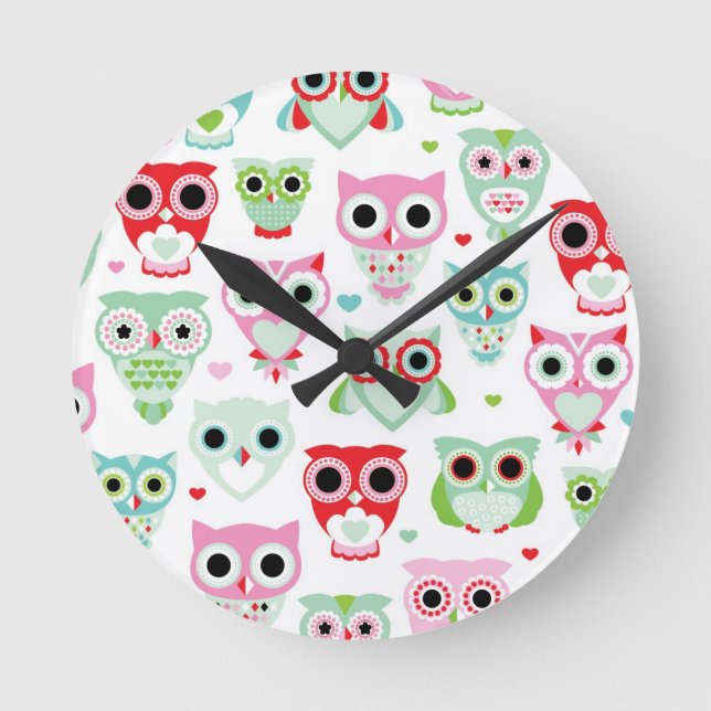 pastel powder colour owl background round clock (Front)