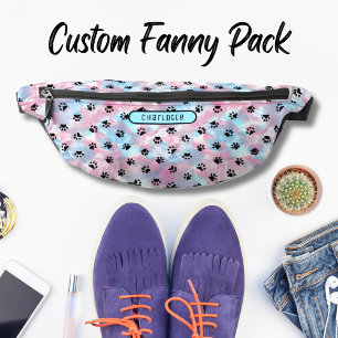 Pastel Powder Pink Aqua Shibori Paw Pattern Cute Fanny Pack