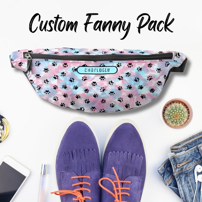 Pastel Powder Pink Aqua Shibori Paw Pattern Cute Fanny Pack (Creator Uploaded)