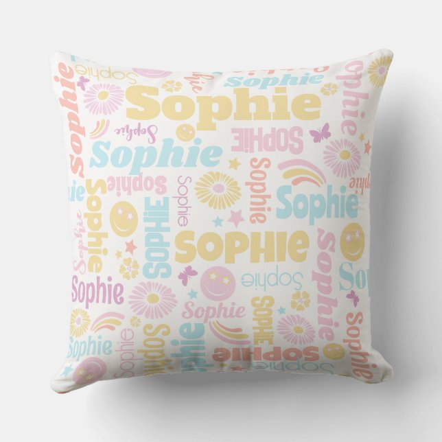 Pastel preppy smilie faces star custom name Sophie Throw Pillow (Back)