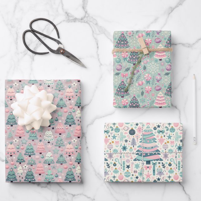 Pastel Preteen Christmas Tree Gift Wrap (Front)