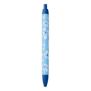 Pastel Pretty Blue and White Flowers Black Ink Pen