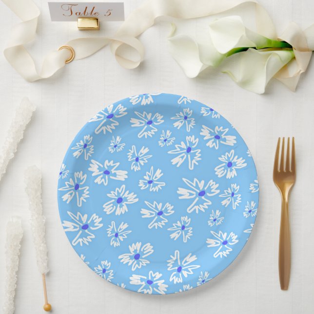 Pastel Pretty Blue and White Flowers Paper Plate (Wedding)