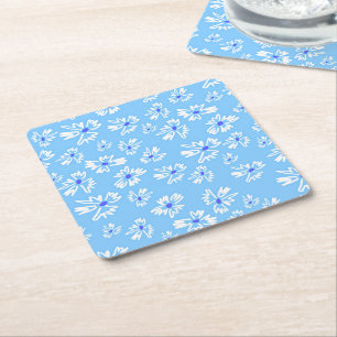Pastel Pretty Blue and White Flowers Square Paper Coaster