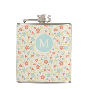 Pastel Pretty Spring Floral Pattern Monogram Hip Flask