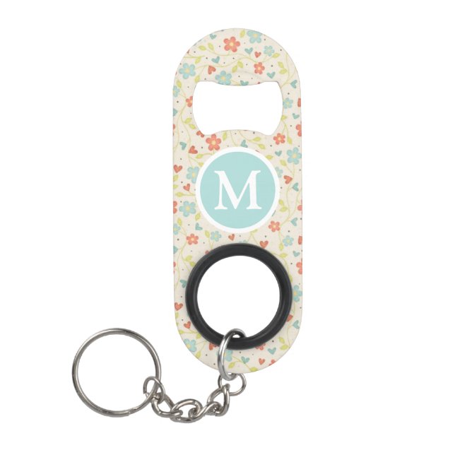 Pastel Pretty Spring Floral Pattern Monogram Keychain Bottle Opener (Front)