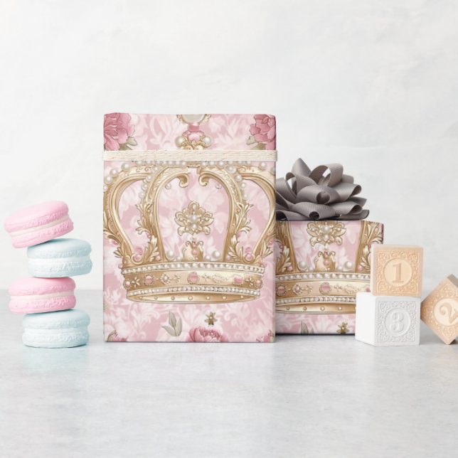 Pastel Princess Crowns Damask Pearls Wrapping Paper (Baby Shower)