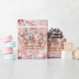 Pastel Princess Crowns Damask Pearls Wrapping Paper
