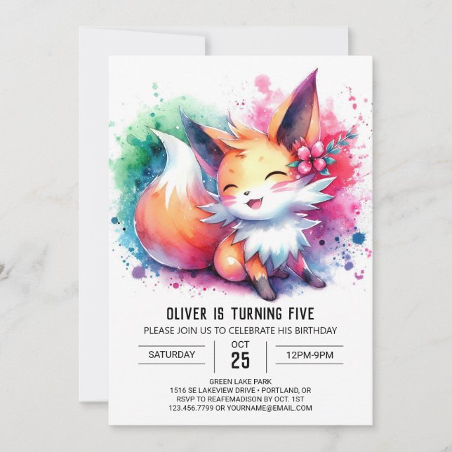 Pastel Printable Fox Birthday Invitation (Front)