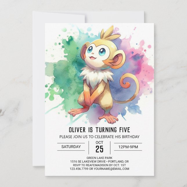 Pastel Printable Monkey Birthday Invitation (Front)