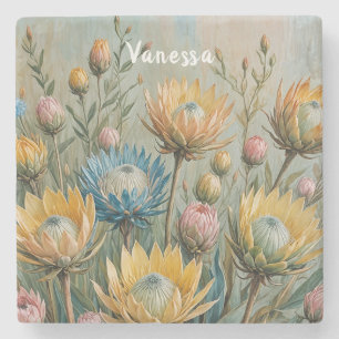 Pastel Protea Dream: Elegant Floral Stone Coaster