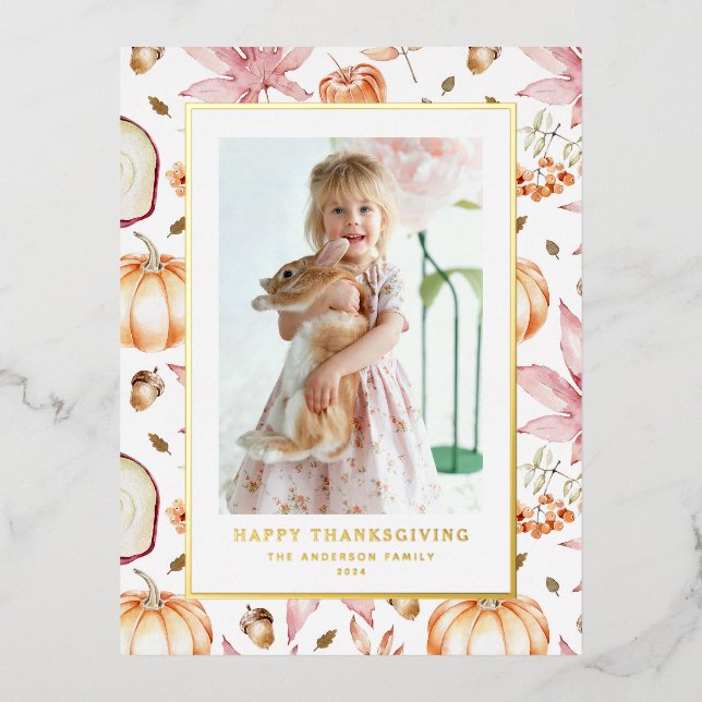 Pastel Pumpkins and Apples Thanksgiving Photo Foil Holiday Postcard (Front)