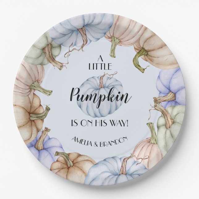 Pastel Pumpkins Boy Baby Shower Blue Paper Plate (Front)