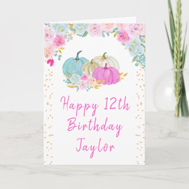 Pastel Pumpkins Floral Happy Birthday Card (Front)
