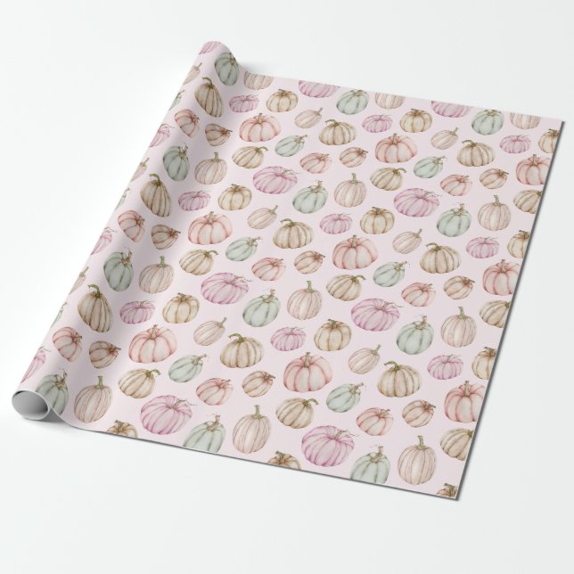 Pastel Pumpkins on Pink Wrapping Paper (Unrolled)