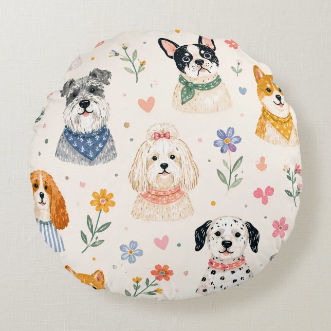 Pastel Puppy Seamless Pattern | Hand-Painted Dog  Round Pillow (Front)