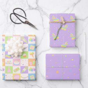 Pastel Purple Birthday Pattern Set Wrapping Paper Sheet