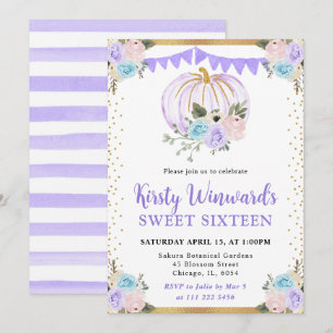 Pastel Purple & Blue Floral Pumpkins Fall Sweet 16 Invitation