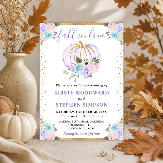Pastel Purple & Blue Floral Pumpkins Fall Wedding Invitation (Creator Uploaded)