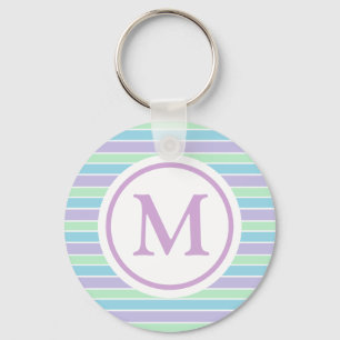Pastel Purple Blue Green Stripes Monogram Keychain