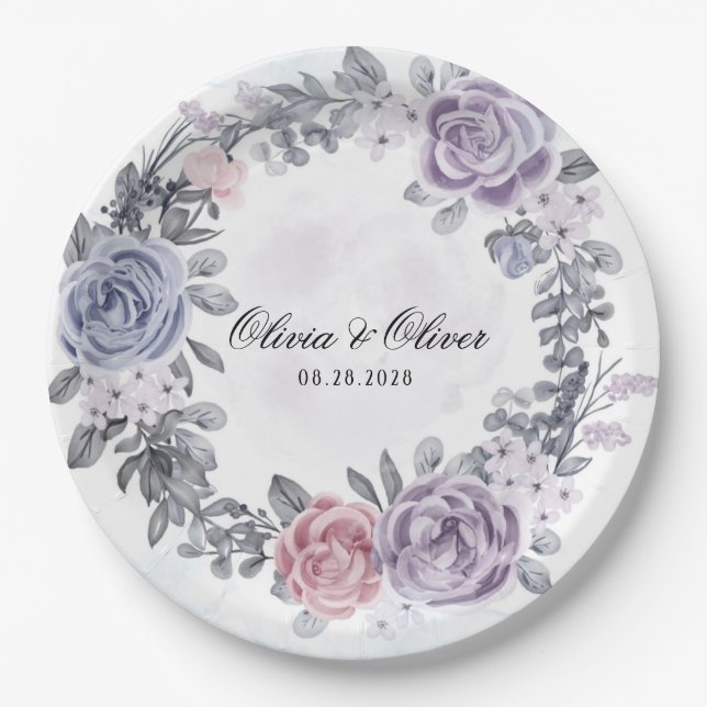 Pastel Purple Blue Pink Floral Wreath Wedding  Paper Plate (Front)