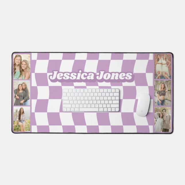 Pastel Purple Chequerboard Cute Name Photo Collage Desk Mat (Keyboard & Mouse)