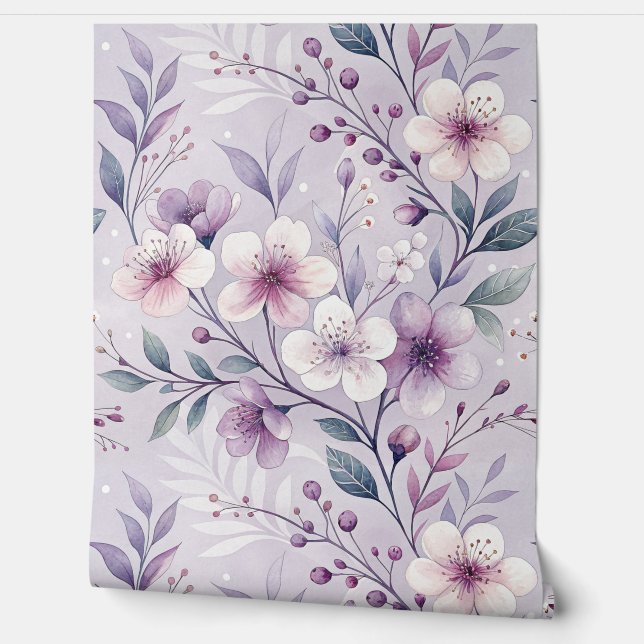 Pastel Purple Colour Floral Pattern Wallpaper (Unrolling)