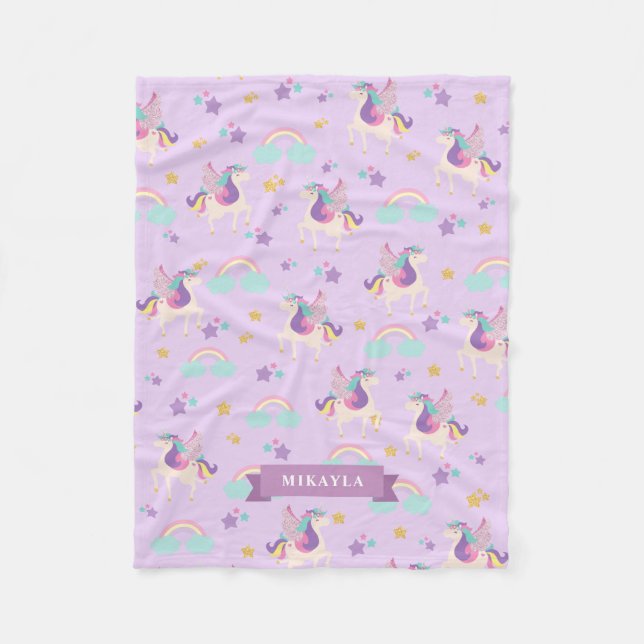 Pastel Purple | Cute Rainbow Unicorn Pattern Fleece Blanket (Front)