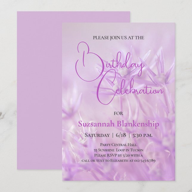 Pastel Purple Floral Background Birthday Party Invitation (Front/Back)
