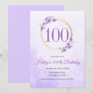 Pastel Purple Floral Golden Wreath 100th Birthday Invitation
