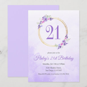 Pastel Purple Floral Golden Wreath 21st Birthday Invitation