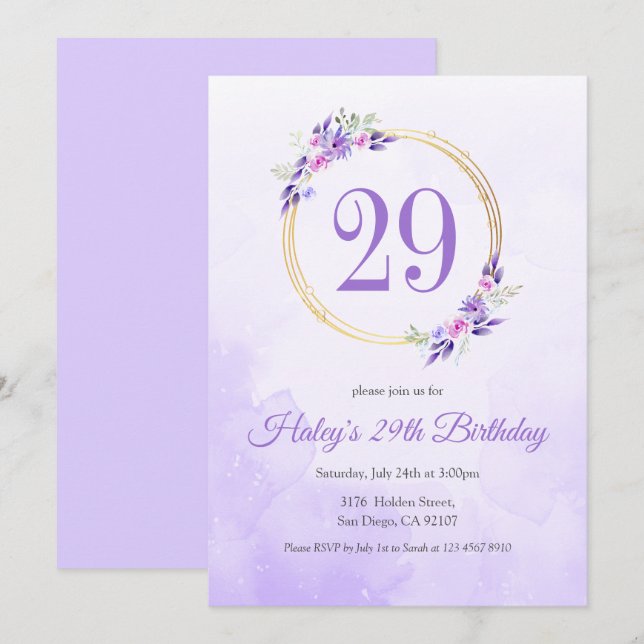 Pastel Purple Floral Golden Wreath 29th Birthday Invitation (Front/Back)