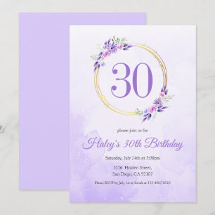 Pastel Purple Floral Golden Wreath 30th Birthday Invitation