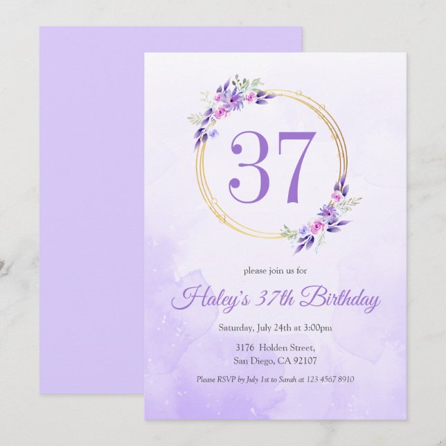 Pastel Purple Floral Golden Wreath 37th Birthday Invitation (Front/Back)