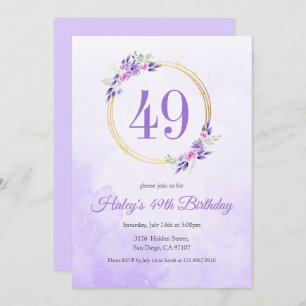 Pastel Purple Floral Golden Wreath 49th Birthday Invitation