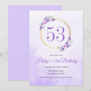 Pastel Purple Floral Golden Wreath 53rd Birthday Invitation
