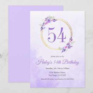 Pastel Purple Floral Golden Wreath 54th Birthday Invitation