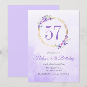 Pastel Purple Floral Golden Wreath 57th Birthday Invitation