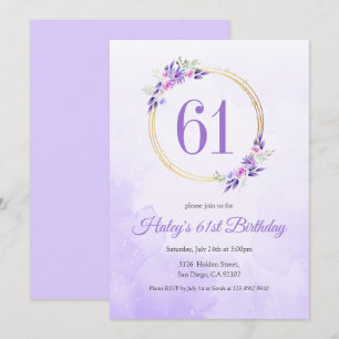 Pastel Purple Floral Golden Wreath 61st Birthday Invitation