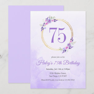 Pastel Purple Floral Golden Wreath 75th Birthday Invitation